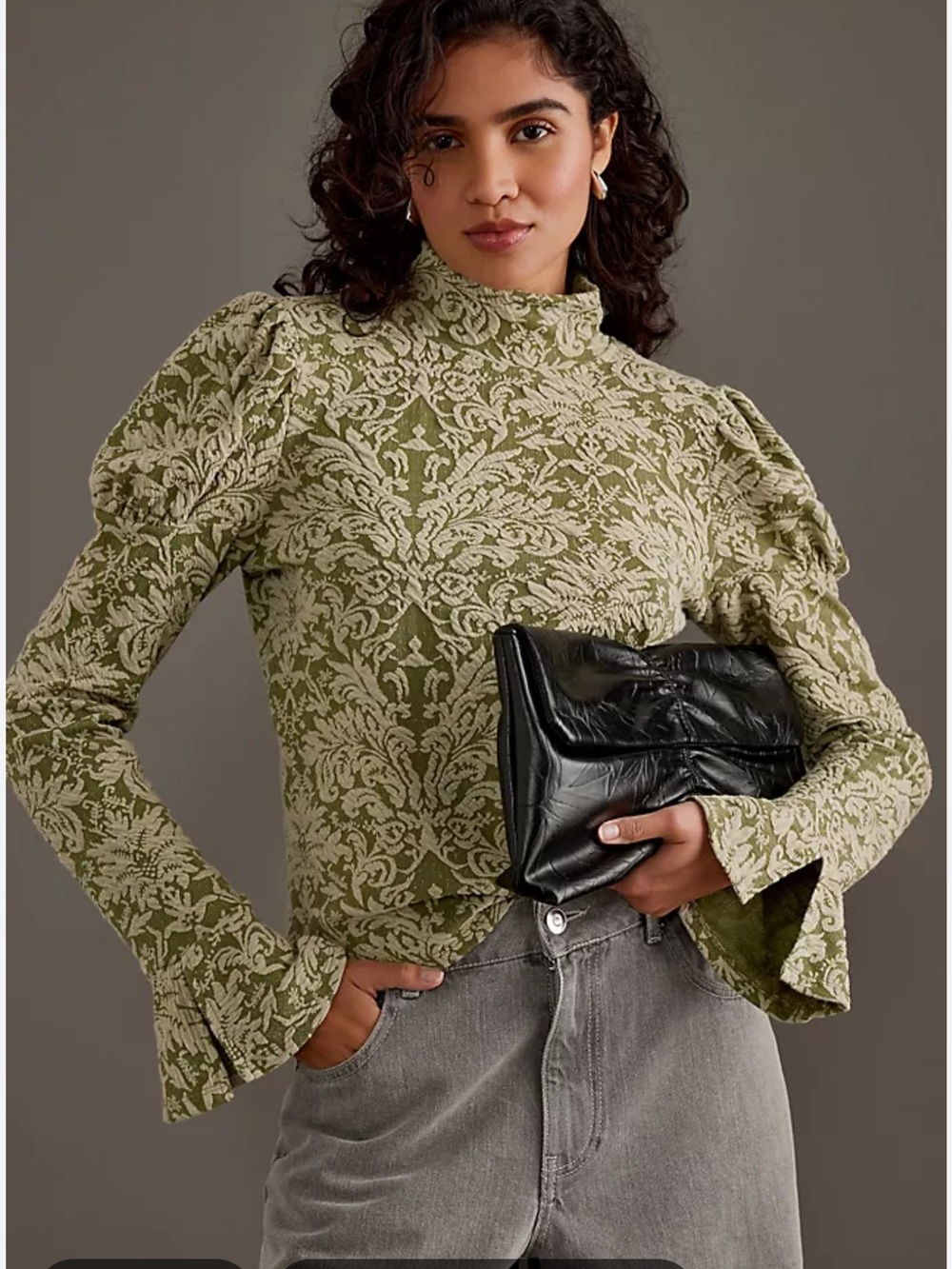 By Anthropologie Puff-Sleeve Turtleneck Jacquard Top Green Size S